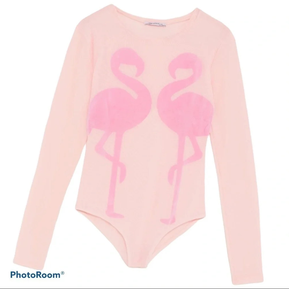 Zara Nude pink mesh flamingo detail bodysuit New Sz S - Picture 1 of 15